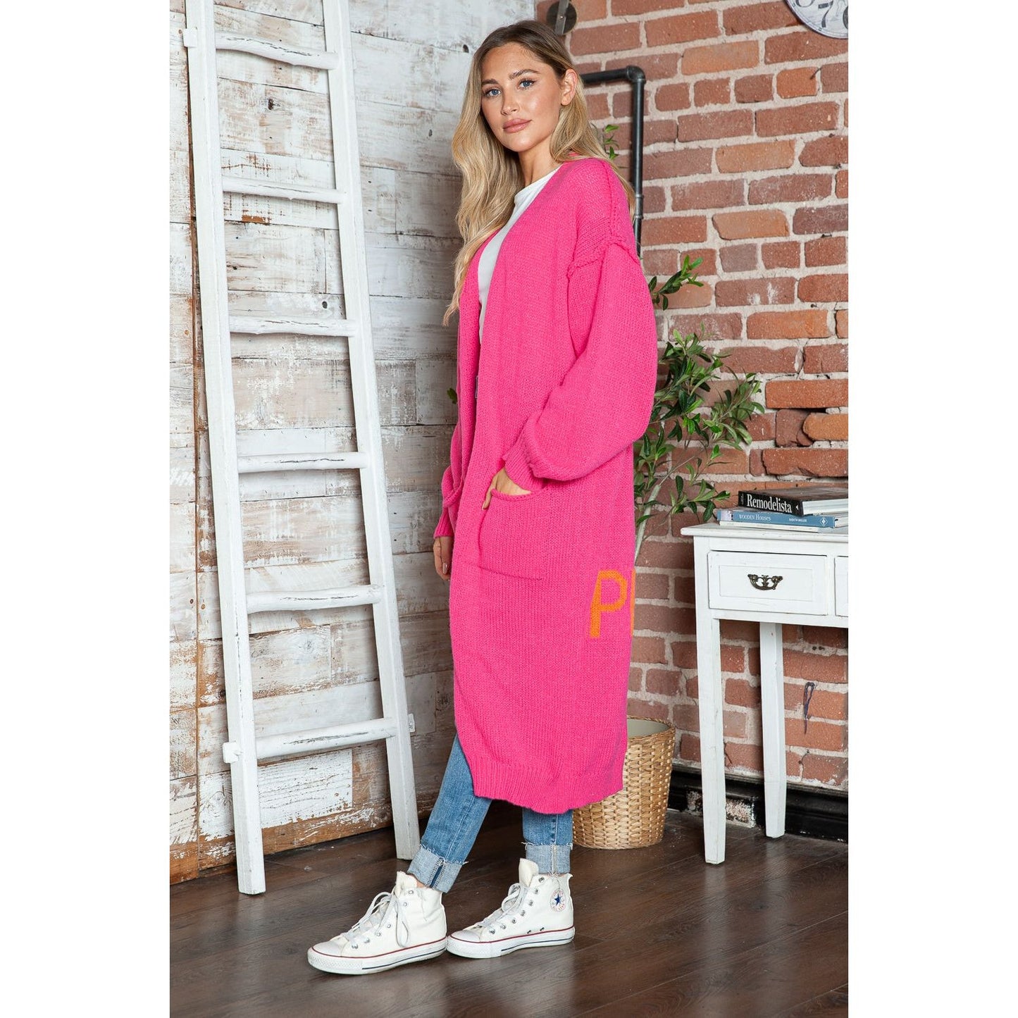 Letter Dropped Shoulder Long Sleeve Cardigan