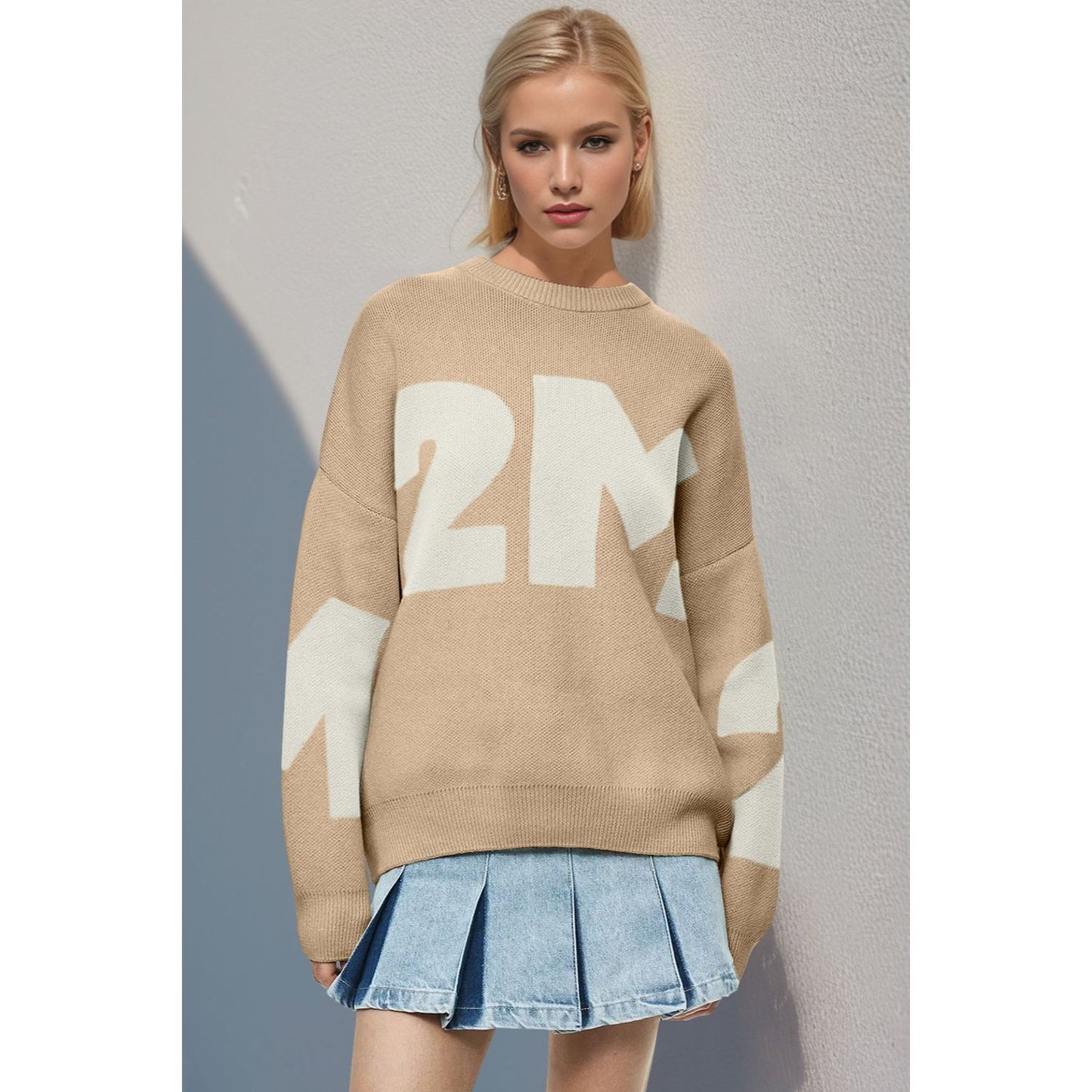 Basic Bae Contrast Letter Round Neck Long Sleeve Sweater