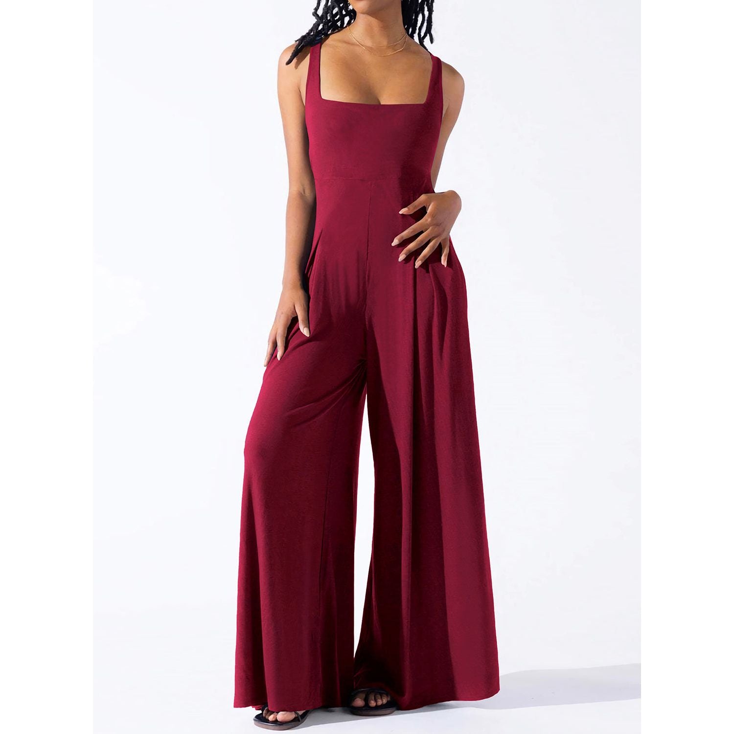 Square Neck Wide Strap Jumpsuit - TiffanyzKlozet