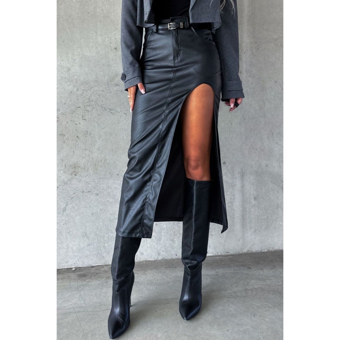 Slit Midi Skirt with Pockets