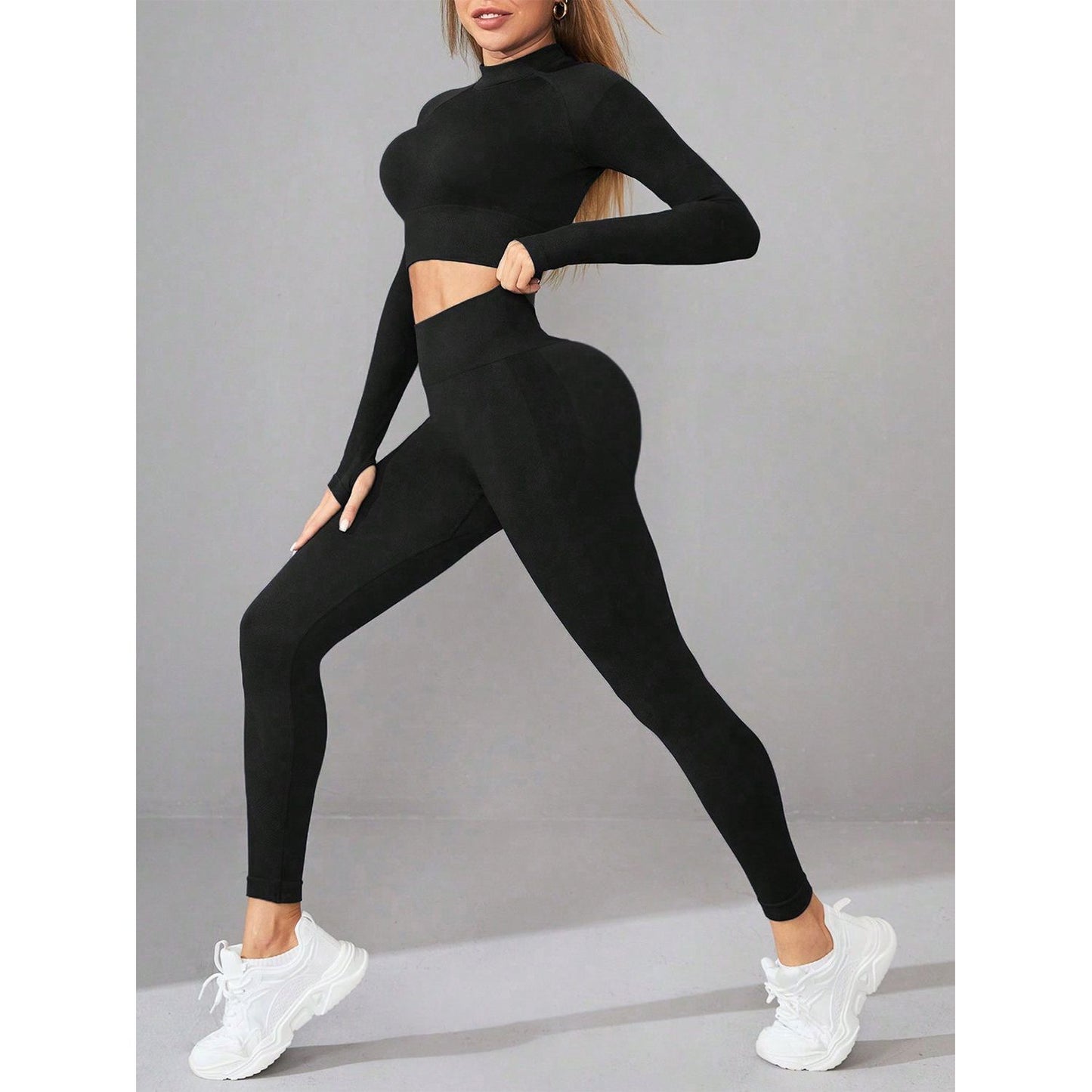 Mock Neck Long Sleeve Top and Leggings Active Set