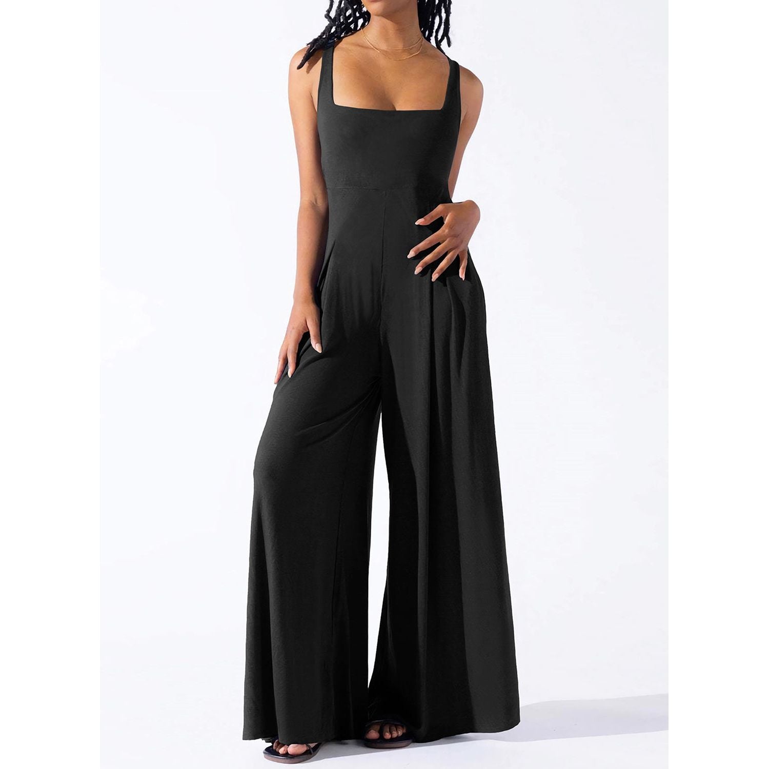 Square Neck Wide Strap Jumpsuit - TiffanyzKlozet