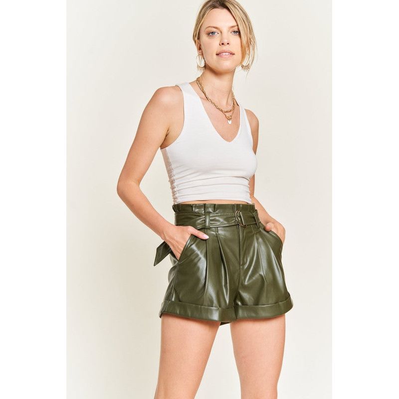 High-rise waist Belted Faux Leather Short JJB5001