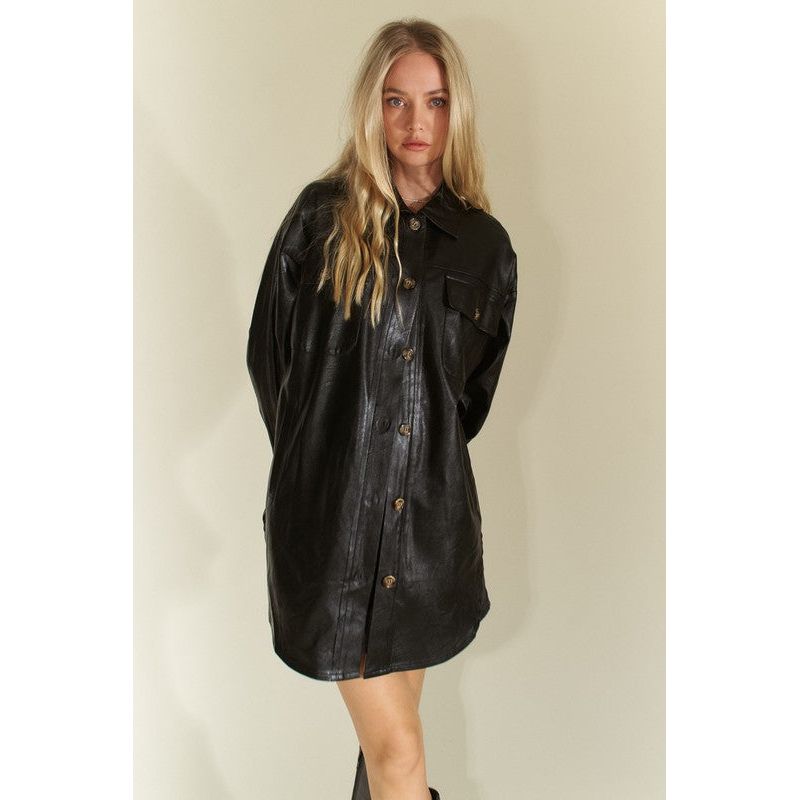 Davi & Dani Faux Leather Button Up Jacket with Chest Pockets