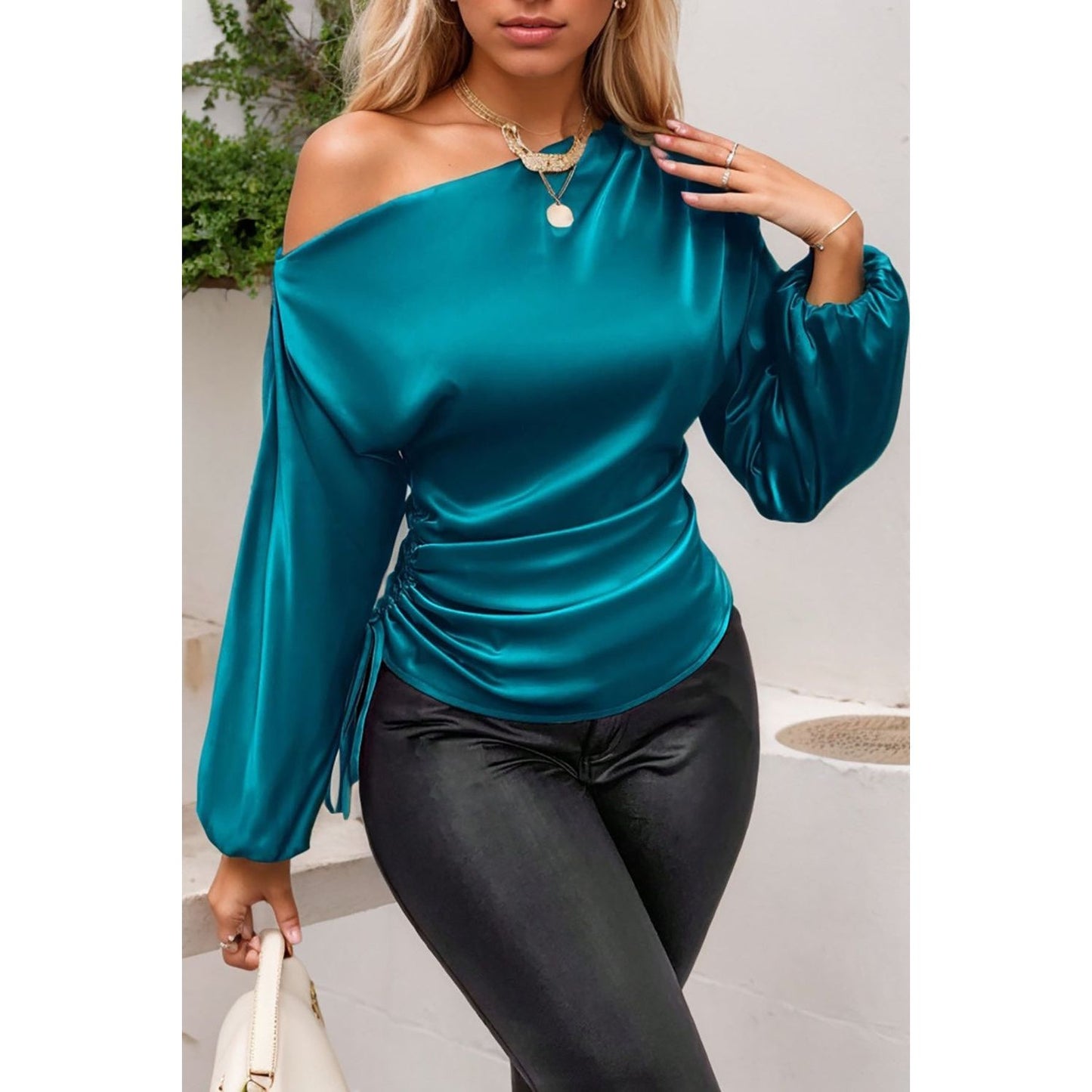 Drawstring One Shoulder Long Sleeve Blouse