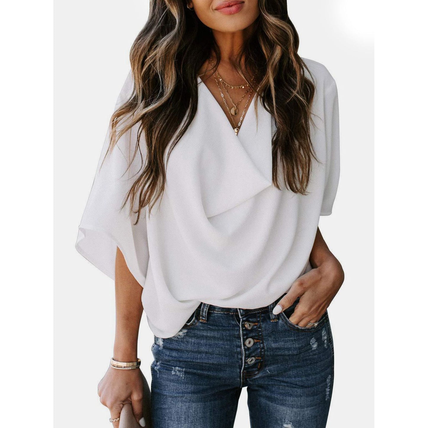 Full Size Cowl Neck Three-Quarter Sleeve Blouse - TiffanyzKlozet