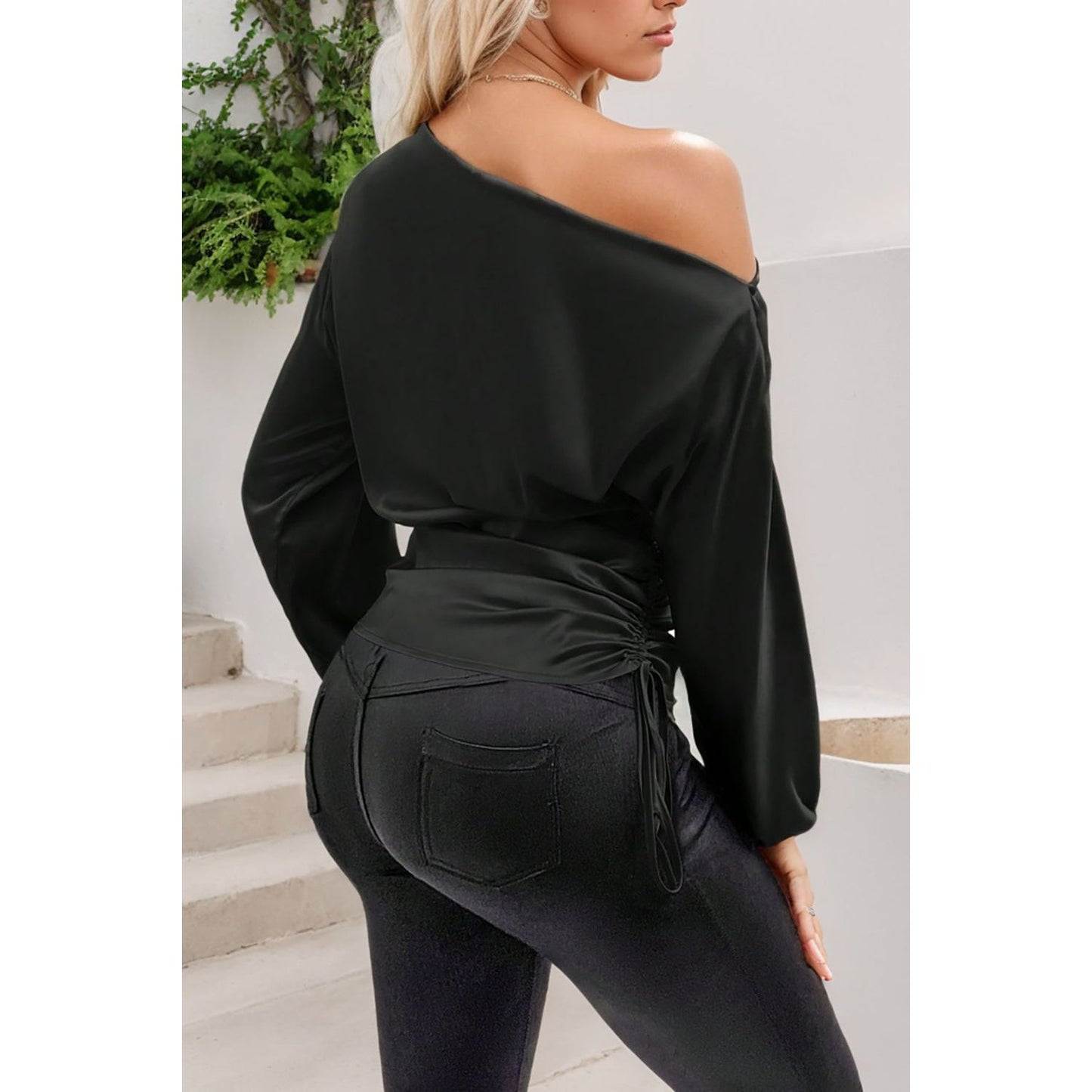 Drawstring One Shoulder Long Sleeve Blouse