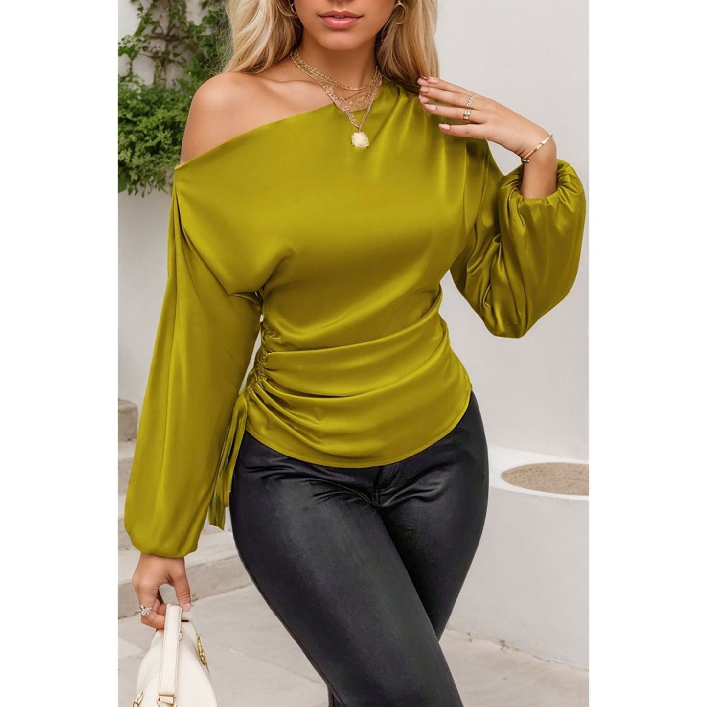 Drawstring One Shoulder Long Sleeve Blouse