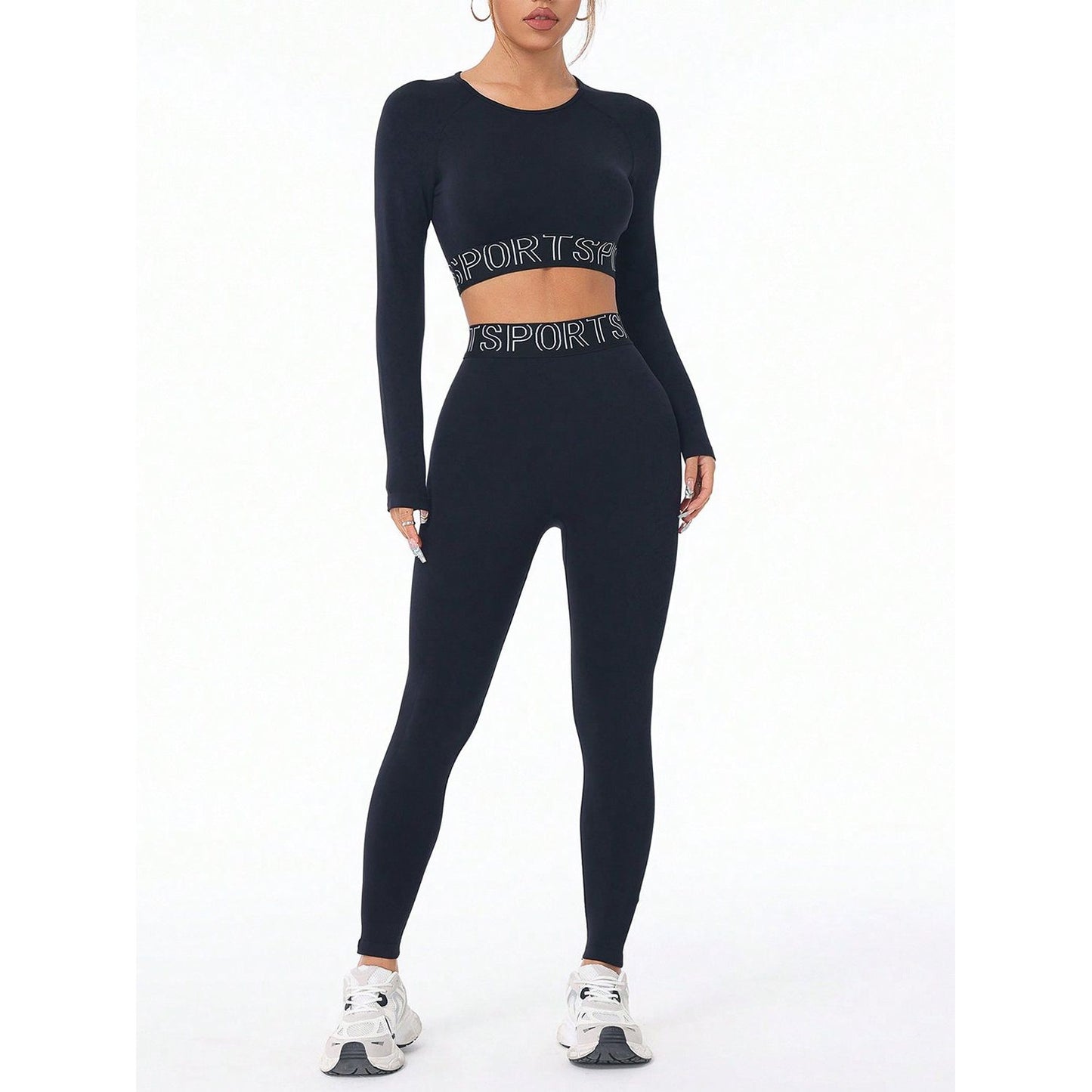 Letter Print Round Neck Long Sleeve Top and Leggings Active Set