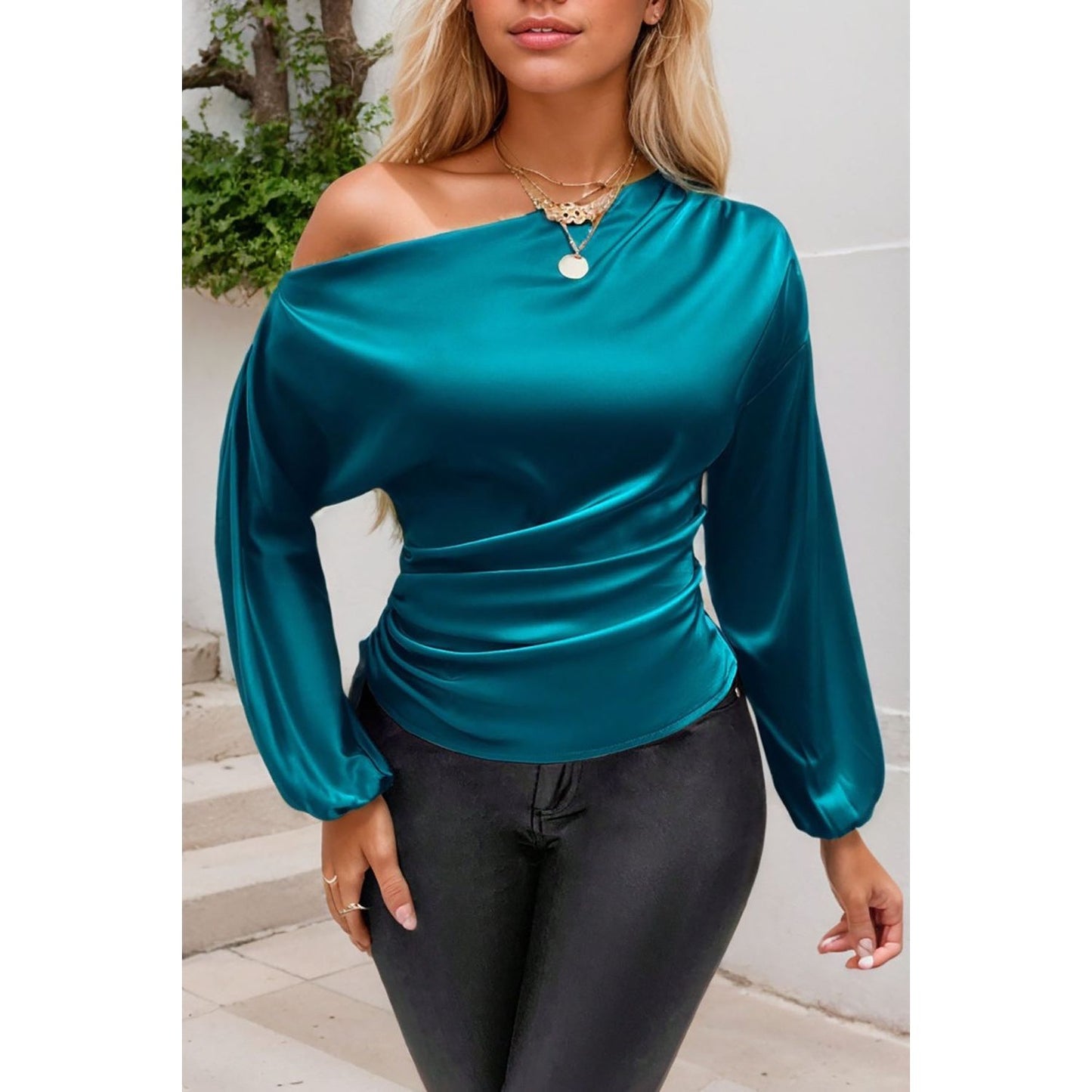 Drawstring One Shoulder Long Sleeve Blouse