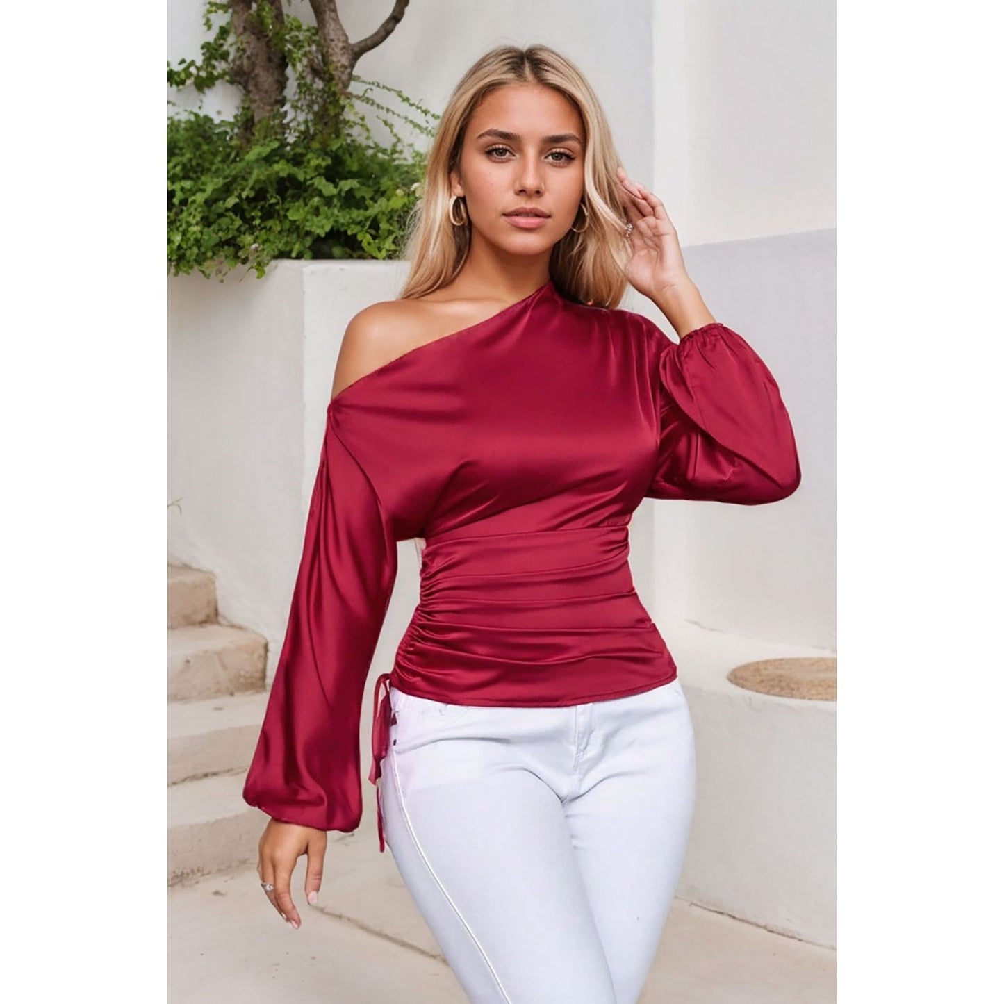 Drawstring One Shoulder Long Sleeve Blouse