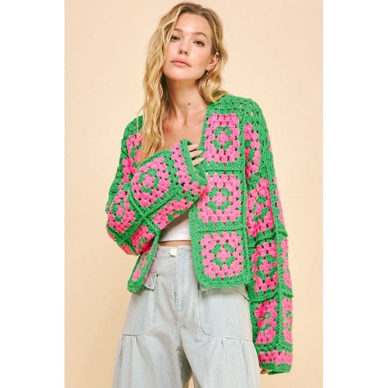 Davi & Dani Full Size Two Tone Flower Square Crochet Open Front Cardigan