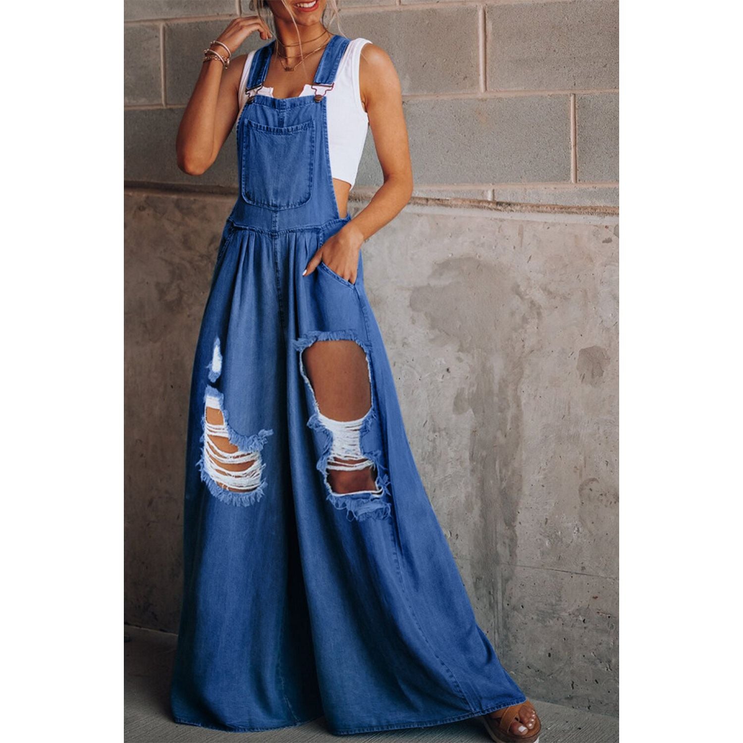 Distressed Wide Leg Denim Overalls - TiffanyzKlozet