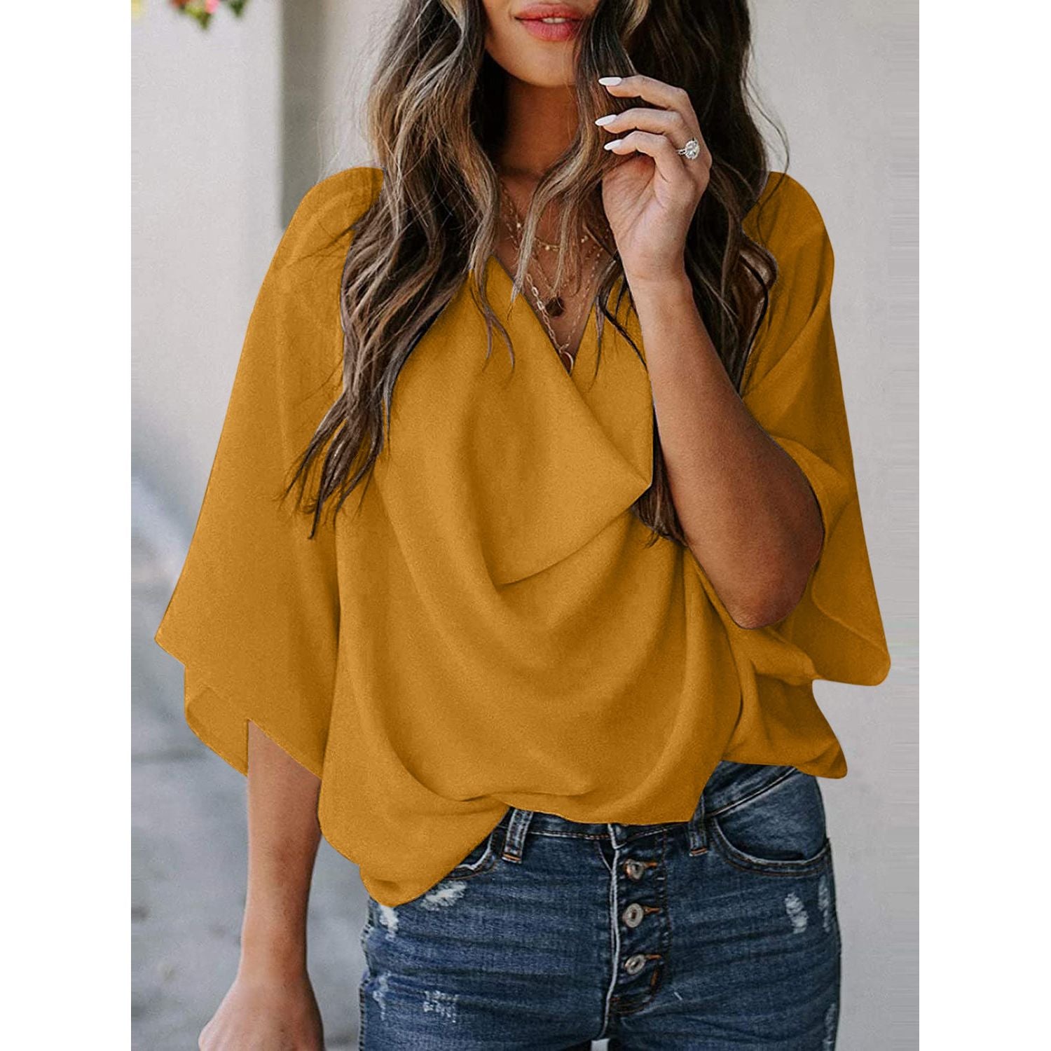 Full Size Cowl Neck Three-Quarter Sleeve Blouse - TiffanyzKlozet