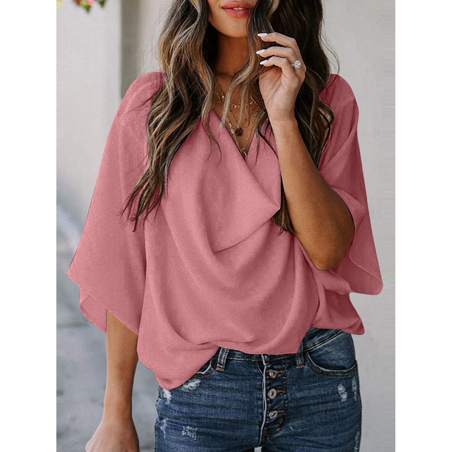 Full Size Cowl Neck Three-Quarter Sleeve Blouse - TiffanyzKlozet