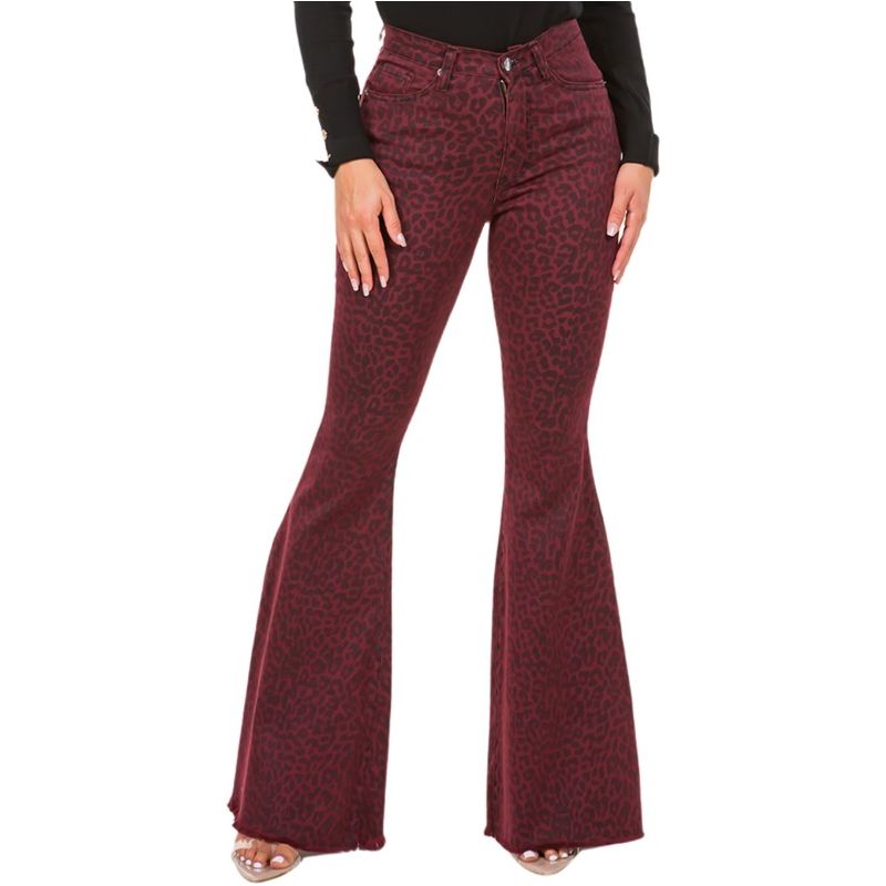 Leopard Bell Bottom Jean in Burgundy