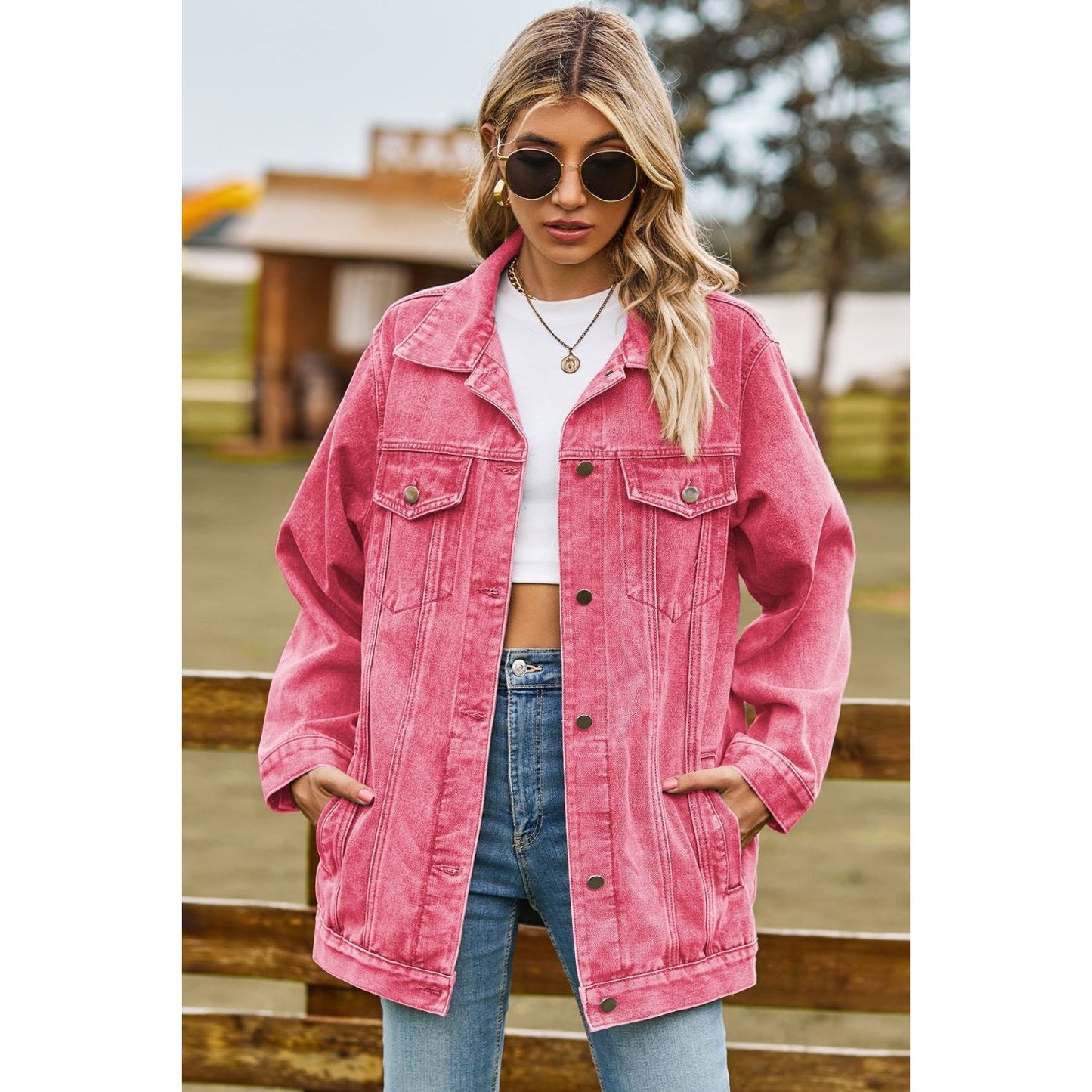 Buttoned Collared Neck Denim Jacket with Pockets