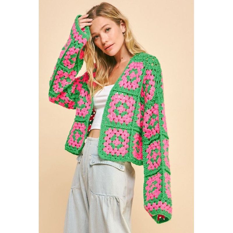 Davi & Dani Full Size Two Tone Flower Square Crochet Open Front Cardigan