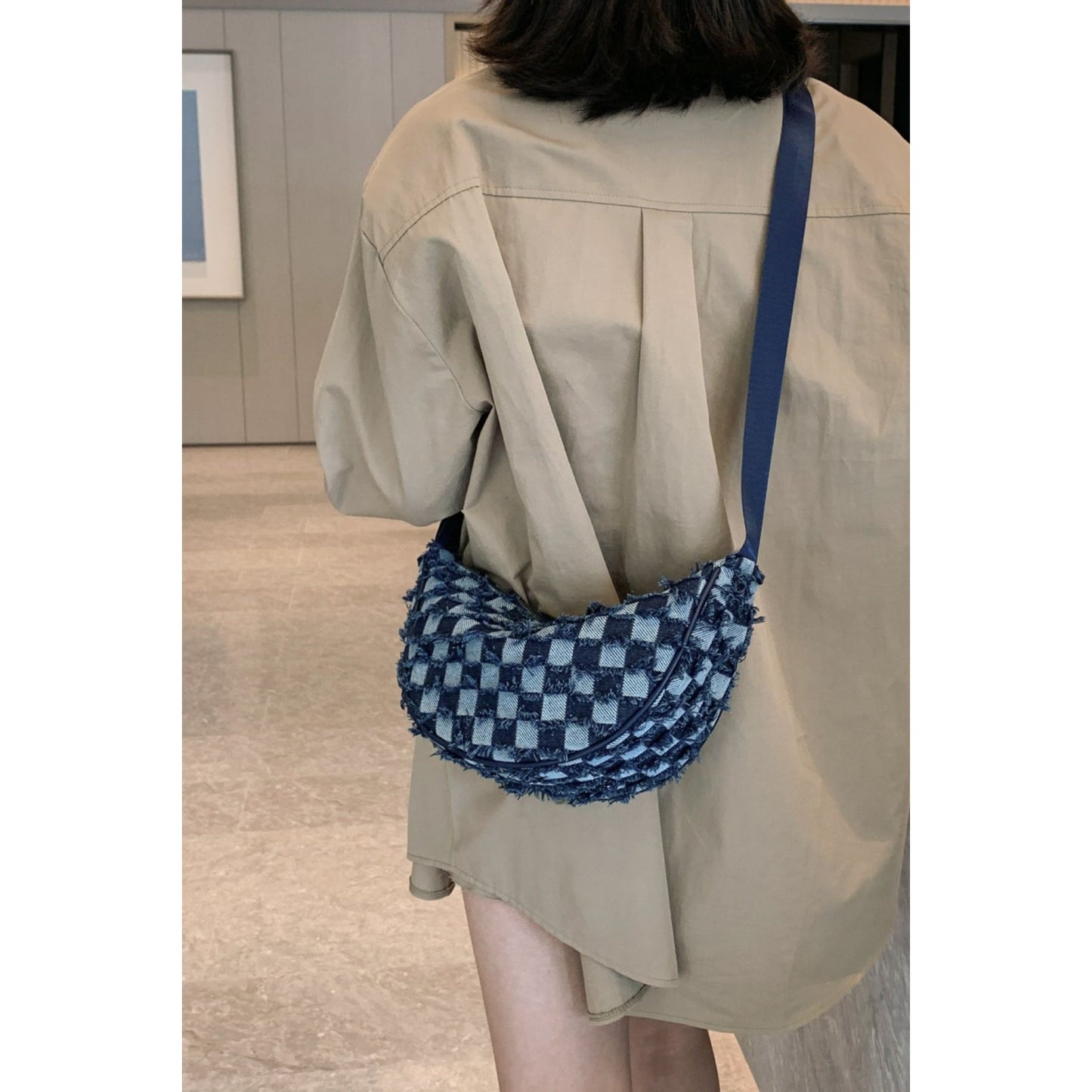 Raw Hem Checkered Denim Crossbody Bag