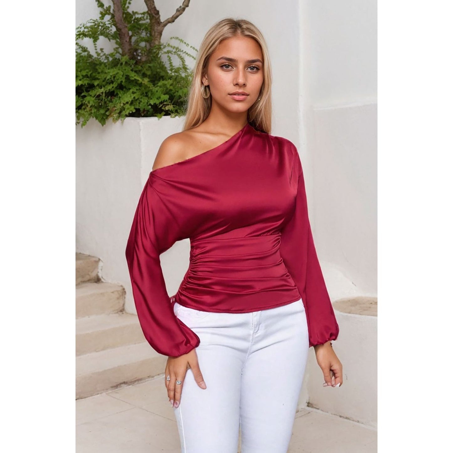 Drawstring One Shoulder Long Sleeve Blouse