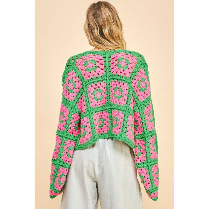 Davi & Dani Full Size Two Tone Flower Square Crochet Open Front Cardigan