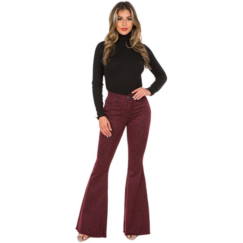 Leopard Bell Bottom Jean in Burgundy