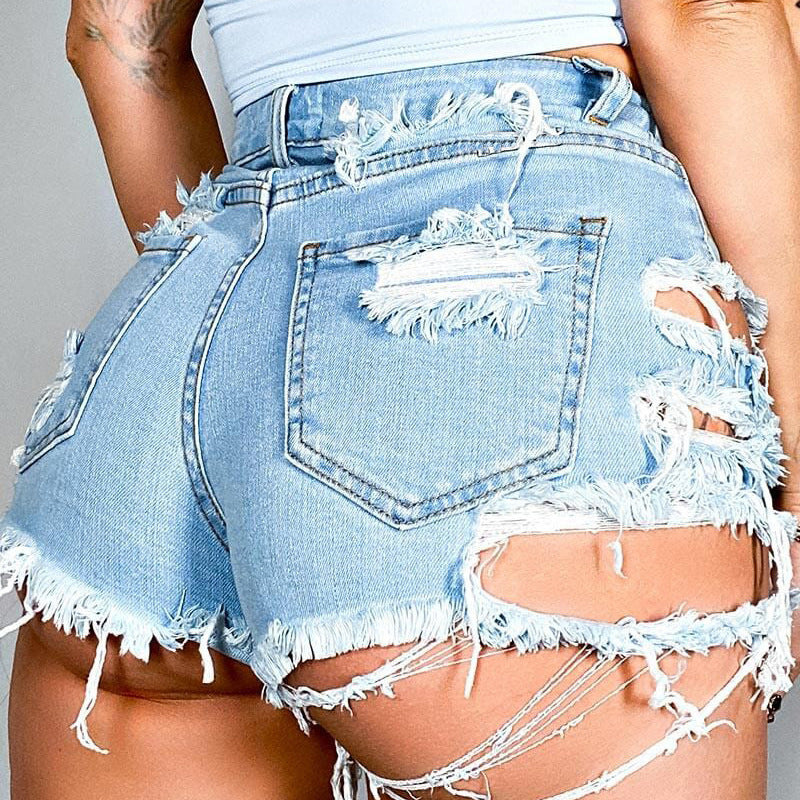 Asymmetrical Distressed Denim Shorts - TiffanyzKlozet