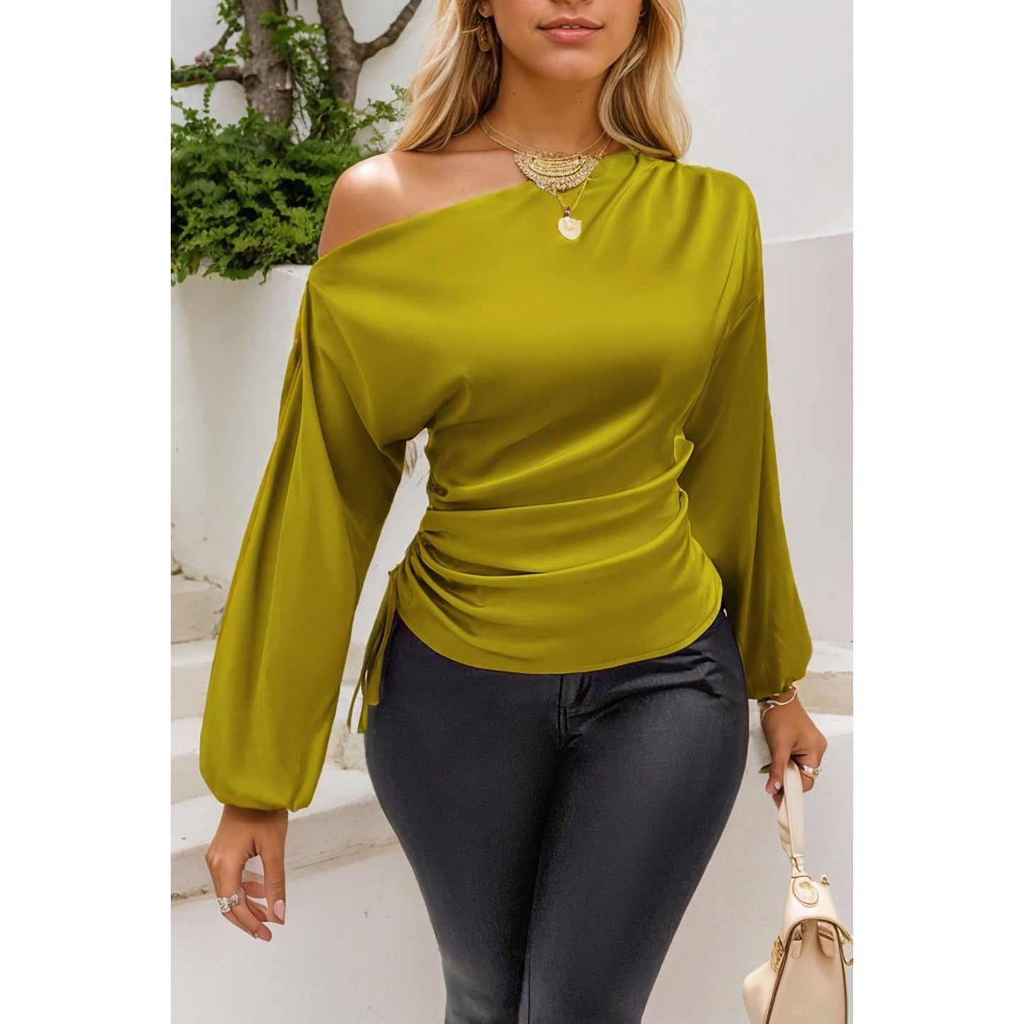 Drawstring One Shoulder Long Sleeve Blouse