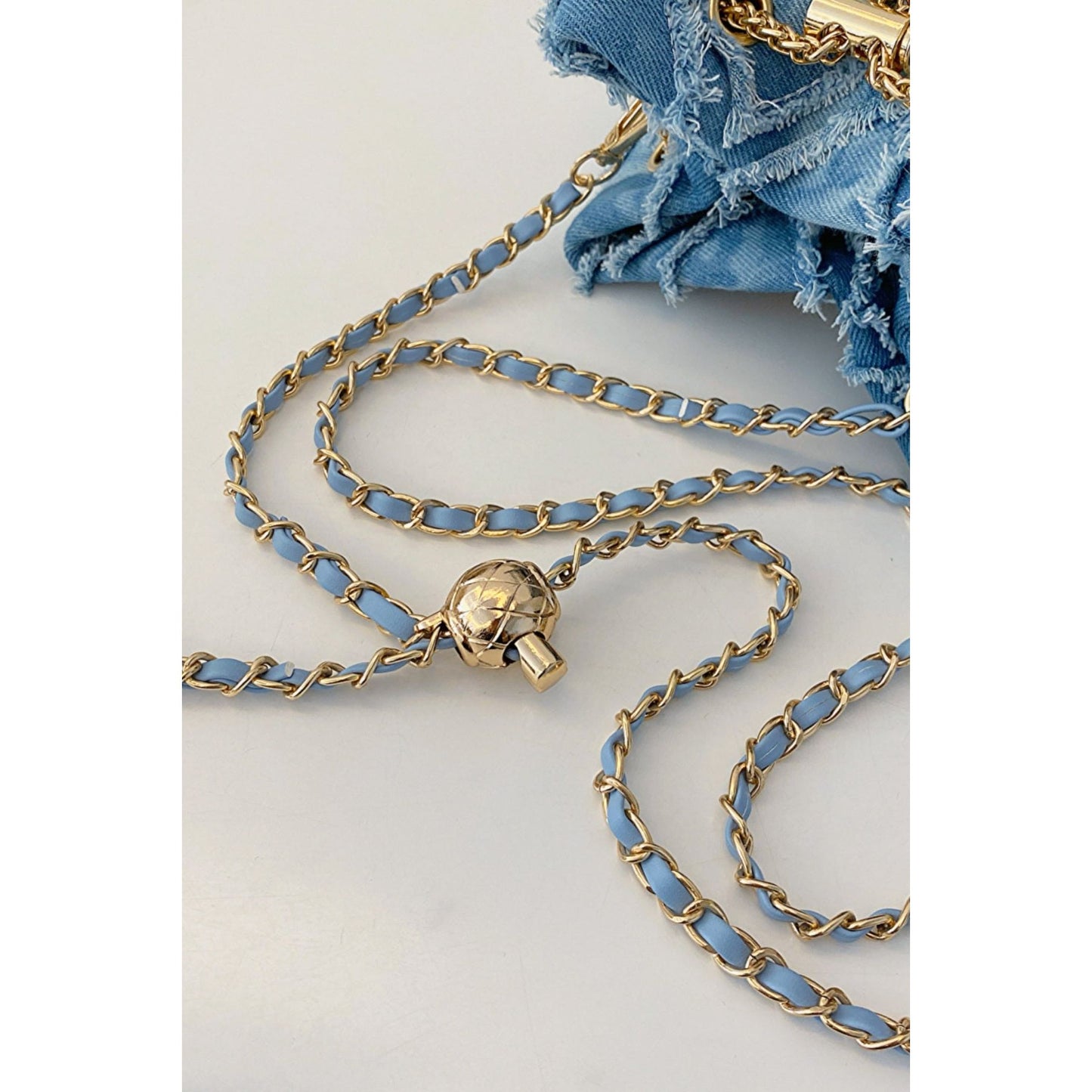 Chain Drawstring Raw Edge Denim Bucket Bag