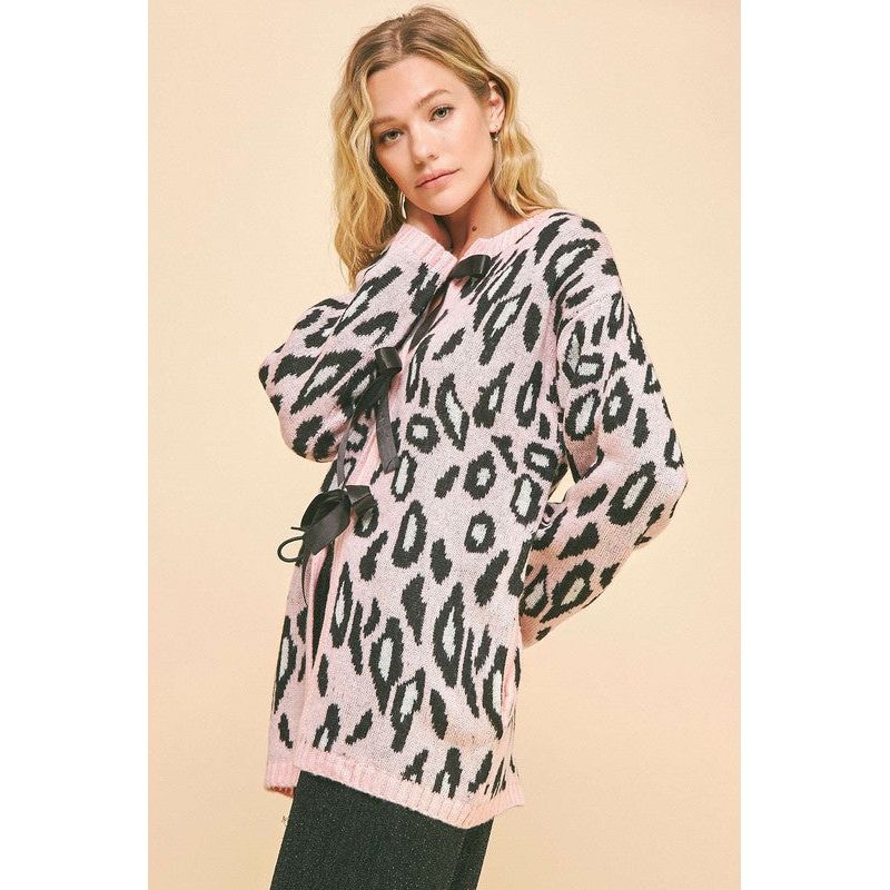 Davi & Dani Leopard Ribbon Tie Front Loose Fit Cardigan