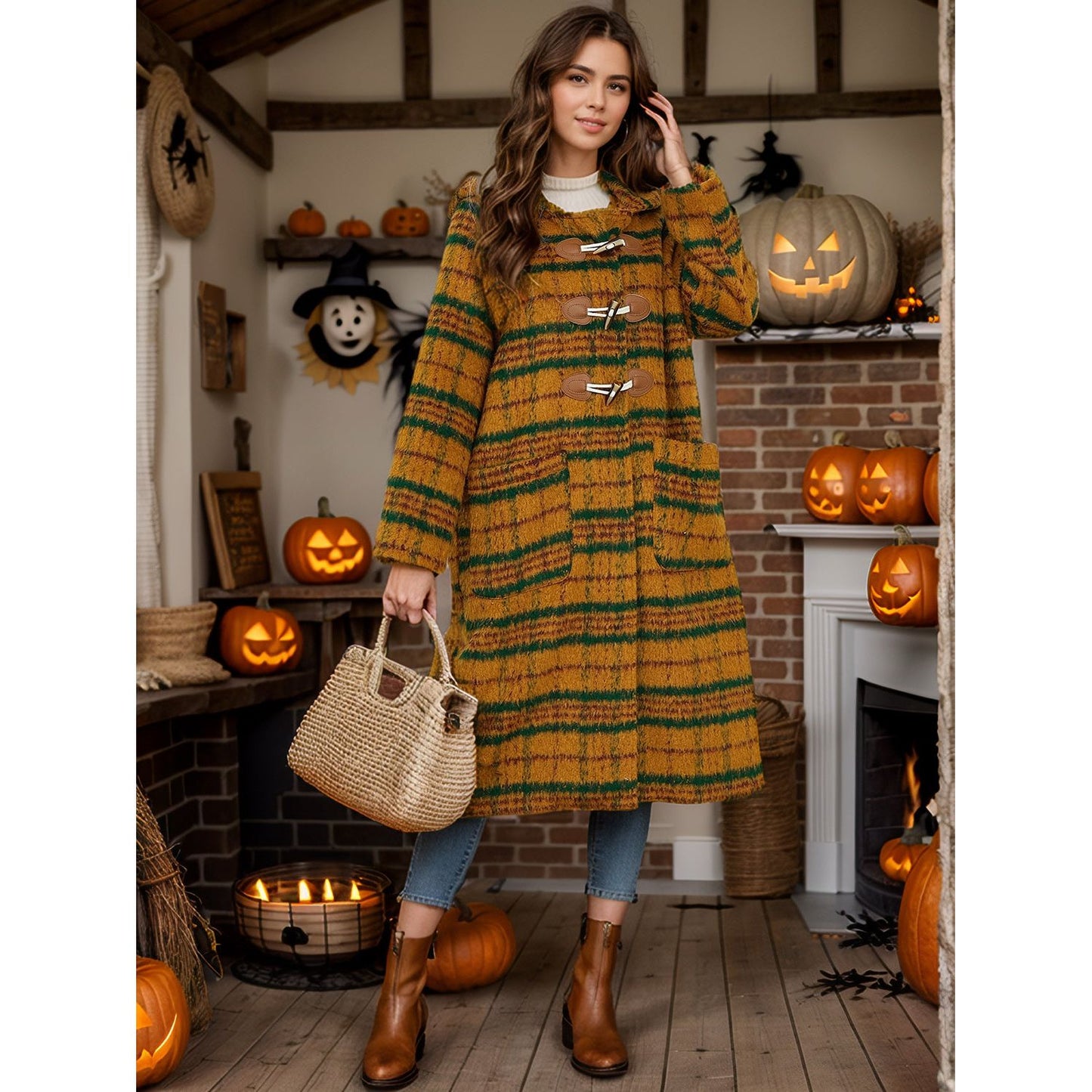 Plaid Long Sleeve Hooded Coat with Pockets