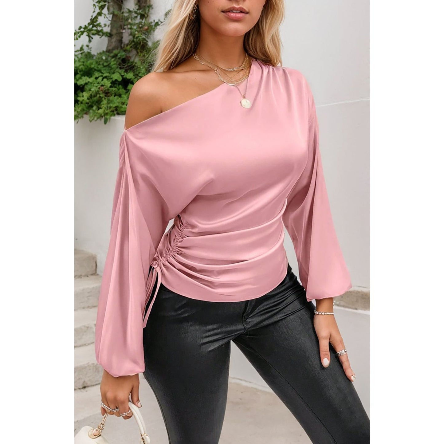 Drawstring One Shoulder Long Sleeve Blouse