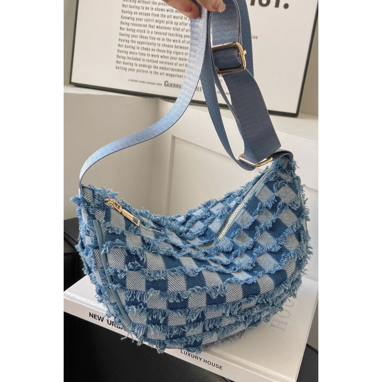 Raw Hem Checkered Denim Crossbody Bag