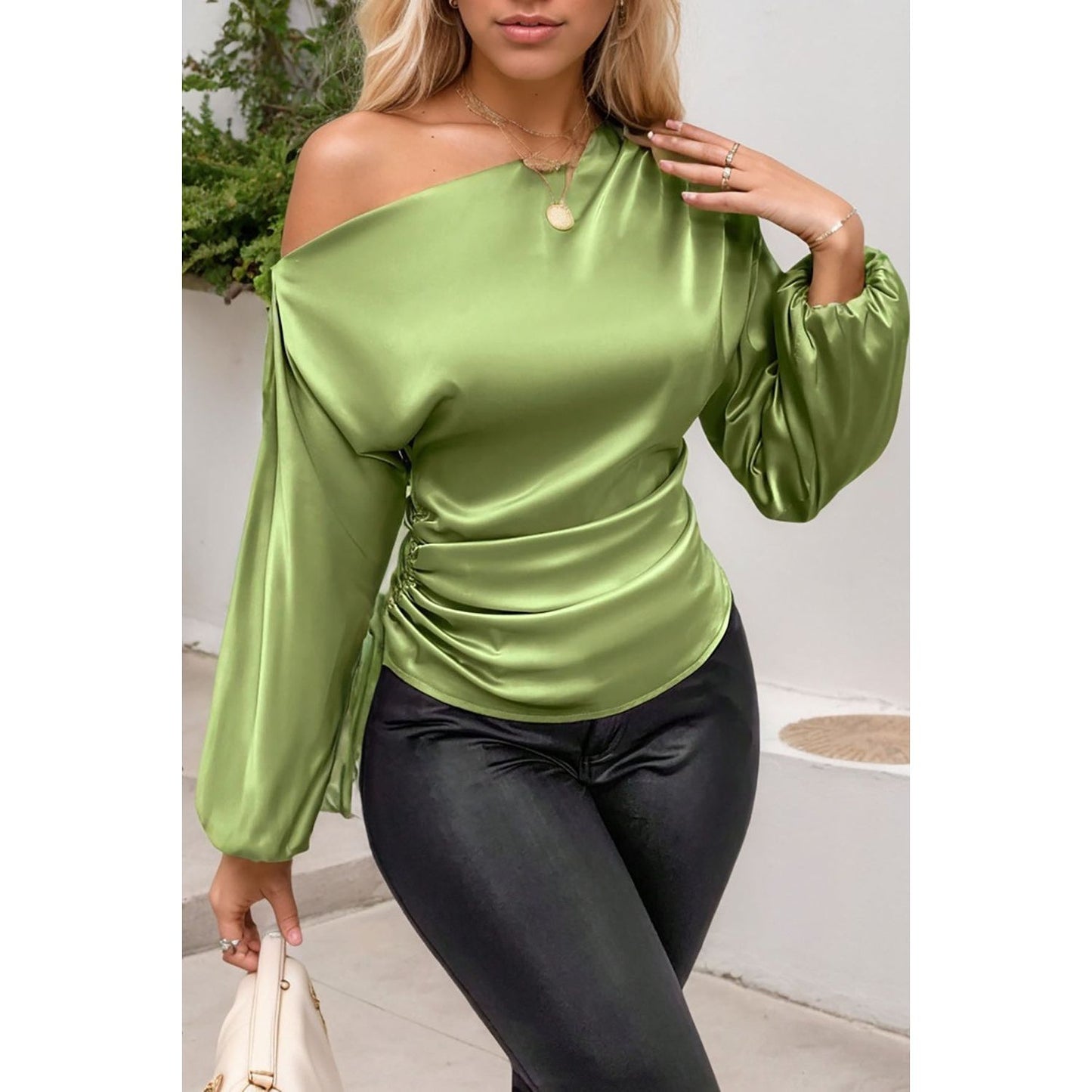 Drawstring One Shoulder Long Sleeve Blouse