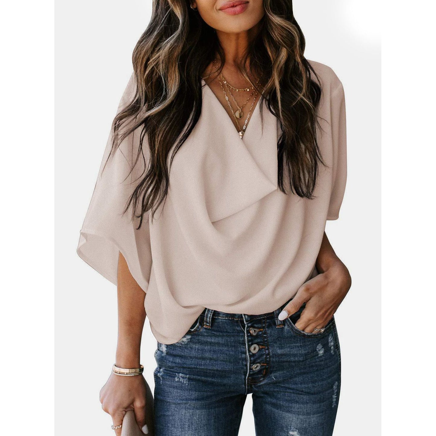 Full Size Cowl Neck Three-Quarter Sleeve Blouse - TiffanyzKlozet