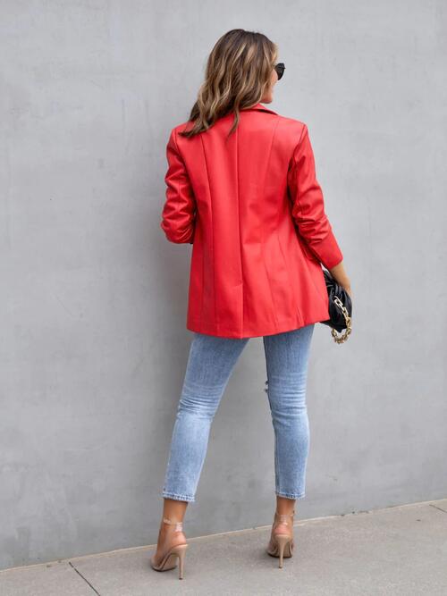 Faux Leather Button Up Long Sleeve Blazer - TiffanyzKlozet