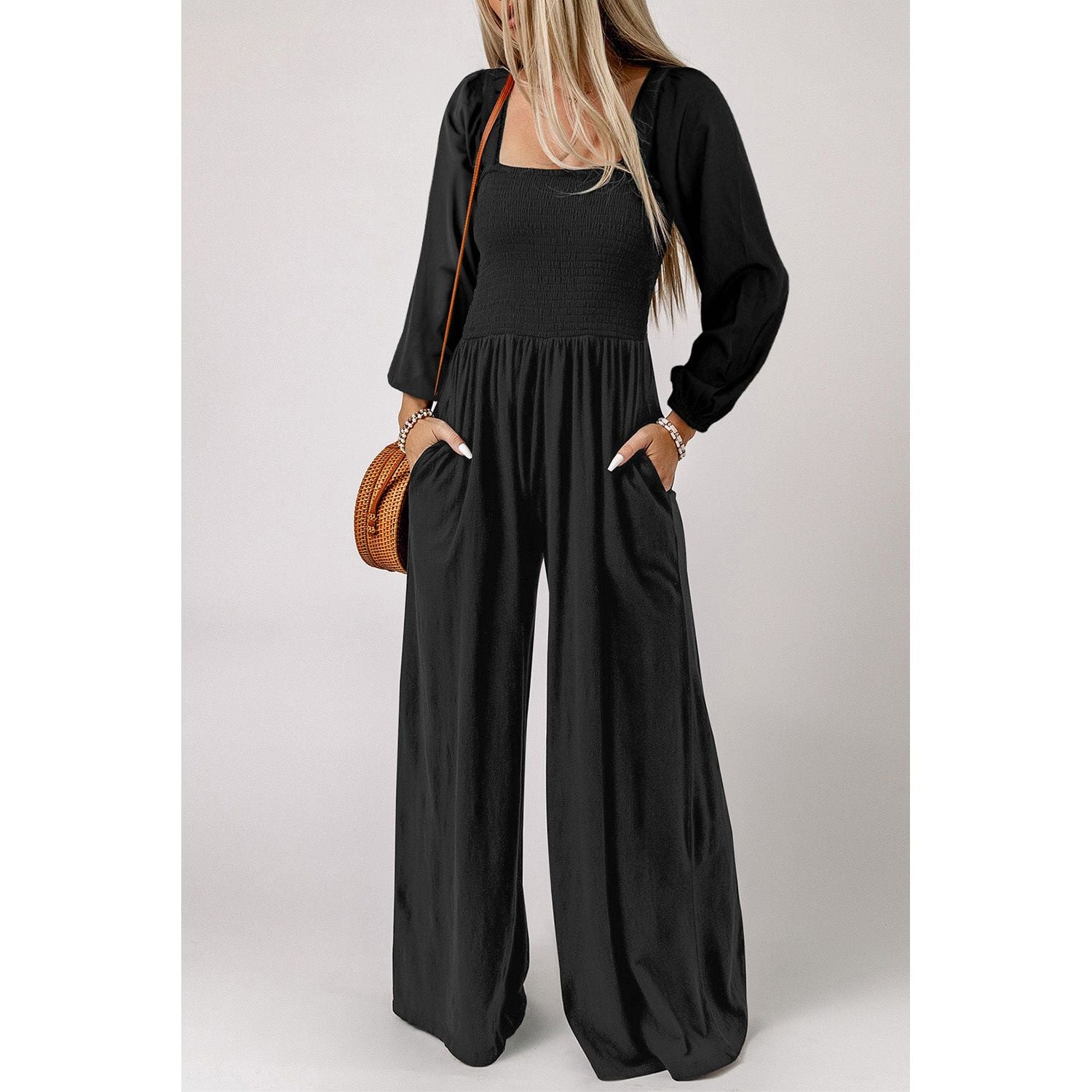 Square Neck Raglan Sleeve Jumpsuit with Pocket - TiffanyzKlozet