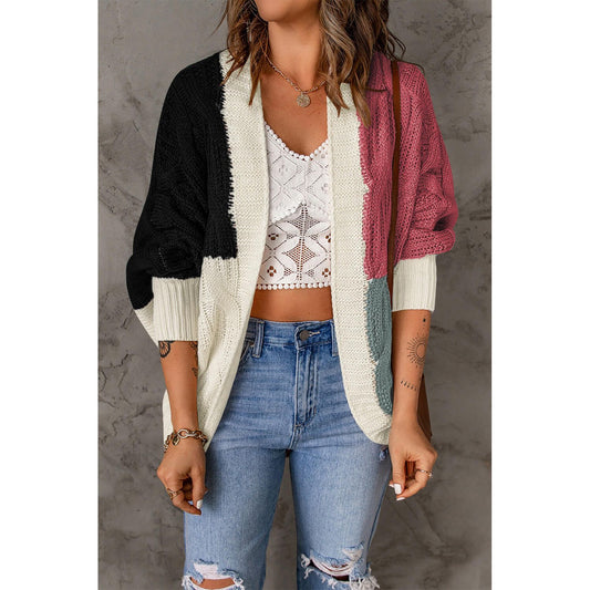 Woven Right Color Block Cable-Knit Batwing Sleeve Cardigan - TiffanyzKlozet