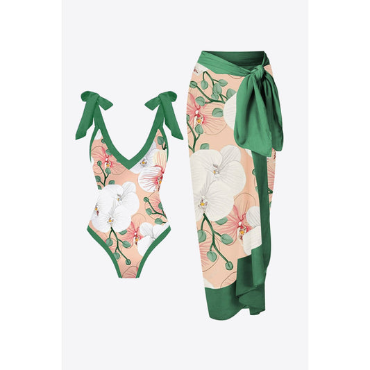 Floral V-Neck Two-Piece Swim Set - TiffanyzKlozet