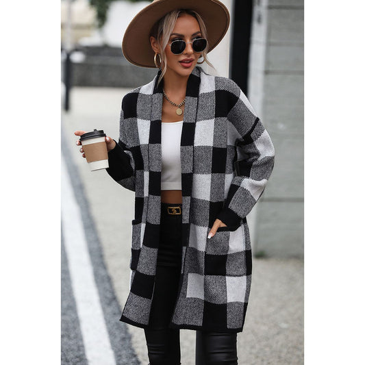 Plaid Dropped Shoulder Cardigan with Pocket - TiffanyzKlozet