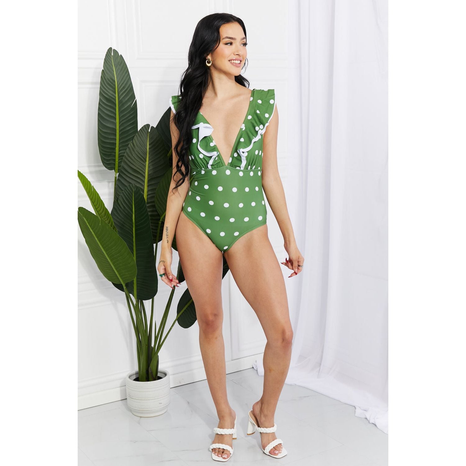 Marina West Swim Moonlit Dip Ruffle Plunge Swimsuit in Mid Green - TiffanyzKlozet