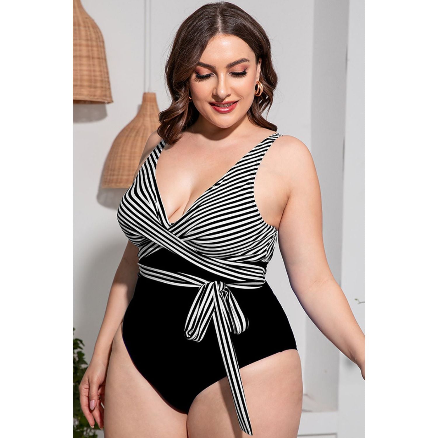 Plus Size Striped Tie-Waist One-Piece Swimsuit - TiffanyzKlozet