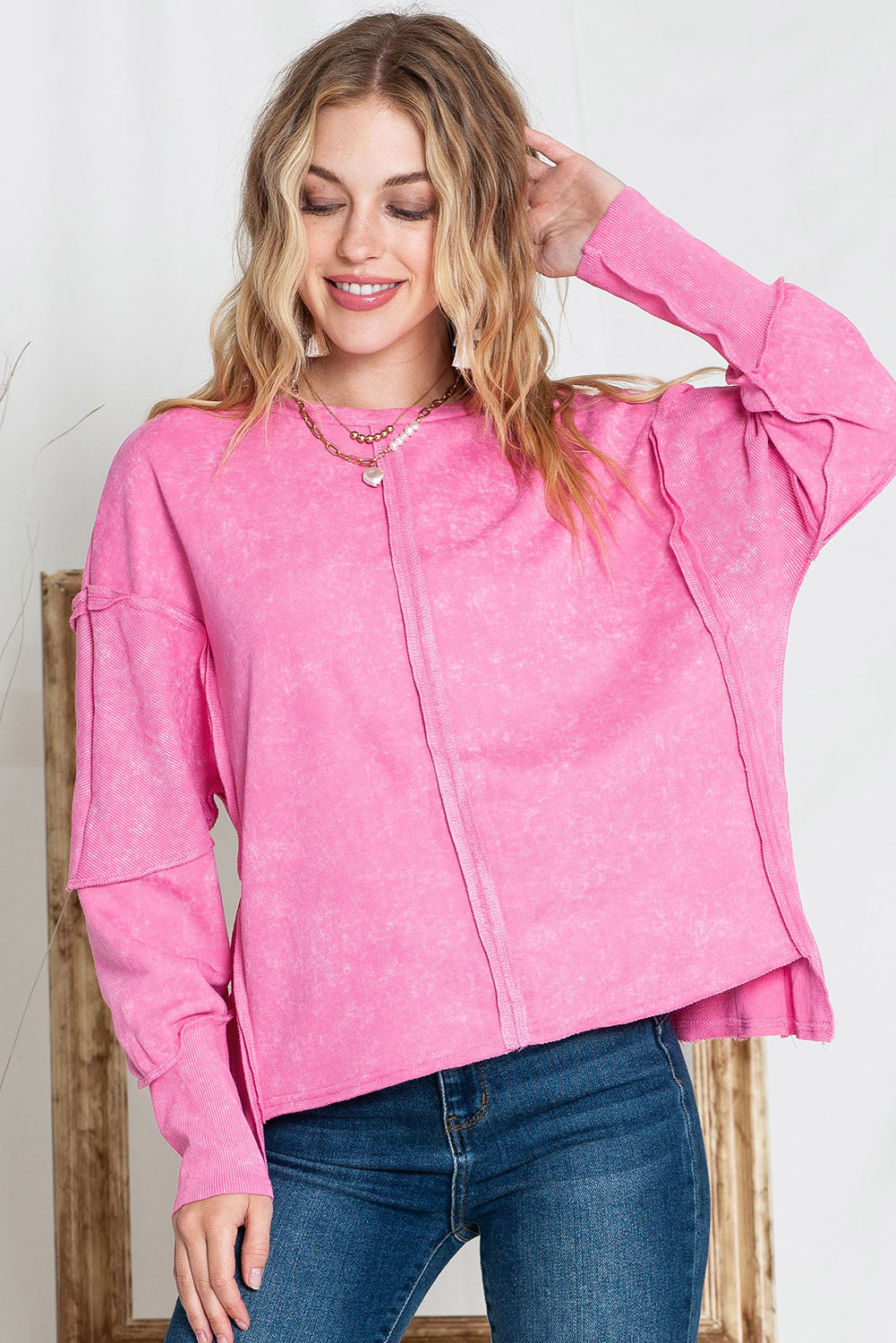 Full Size Exposed Seams Round Neck Dropped Shoulder Sweatshirt - TiffanyzKlozet