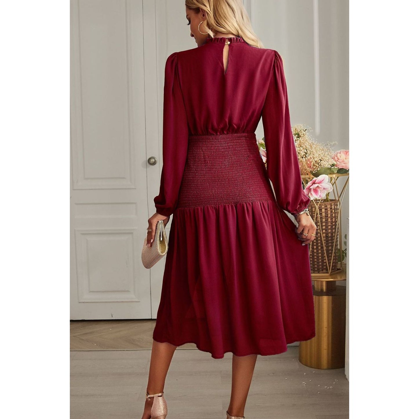 Slit Smocked Mock Neck Puff Sleeve Midi Dress - TiffanyzKlozet