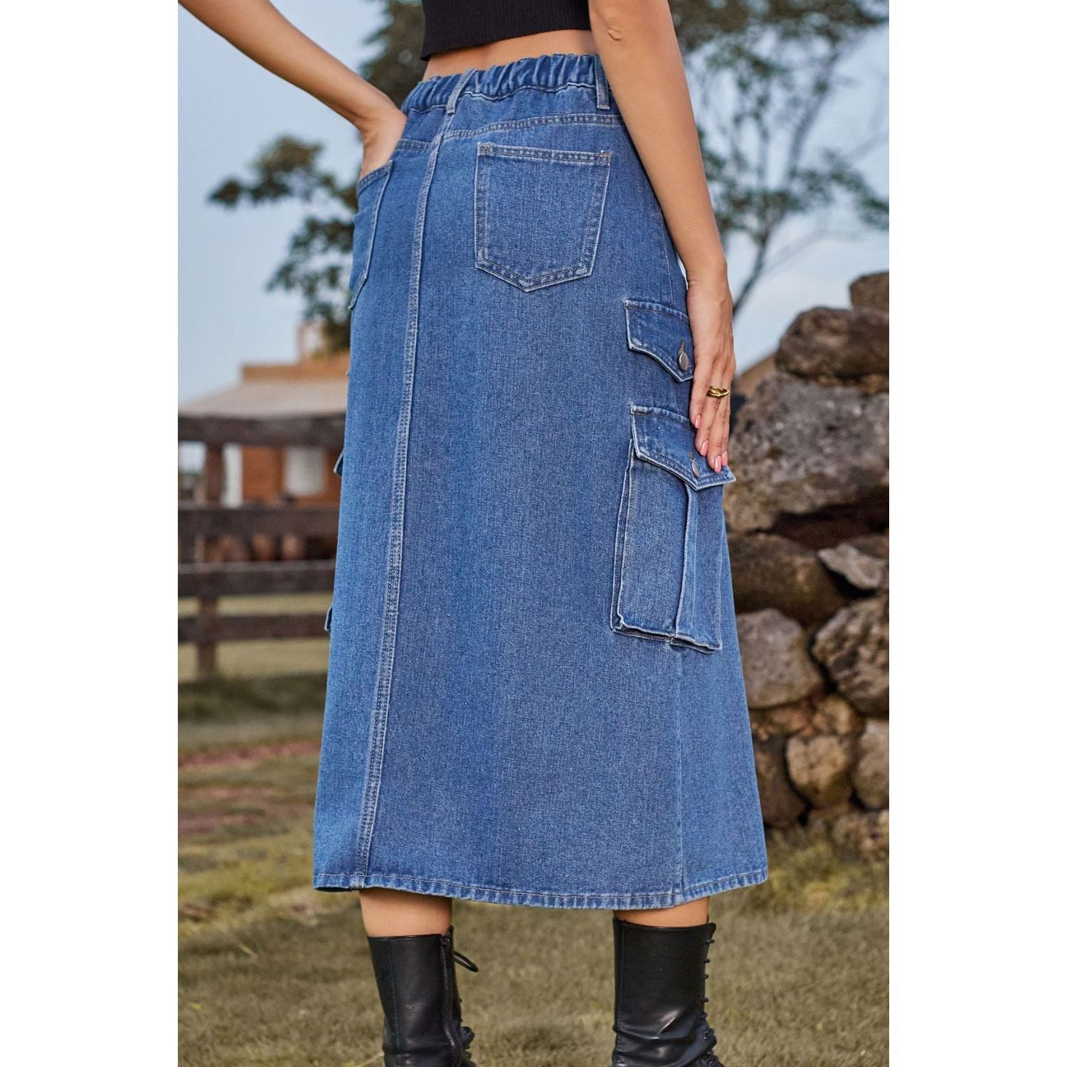 Slit Front Midi Denim Skirt with Pockets - TiffanyzKlozet