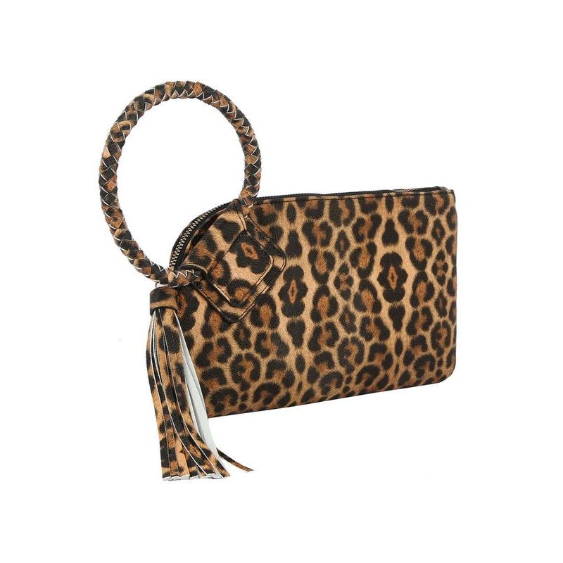 Leopard Cuff Handle Tassel Wristlet Clutch - TiffanyzKlozet