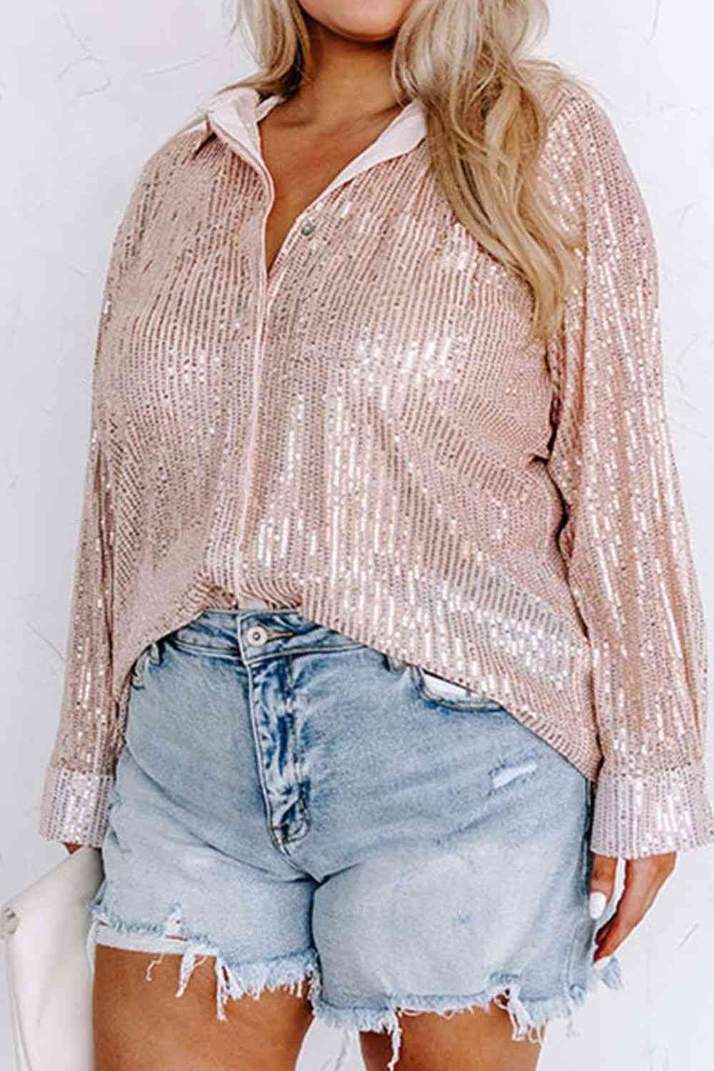 Plus Size Sequin Long Sleeve Shirt - TiffanyzKlozet