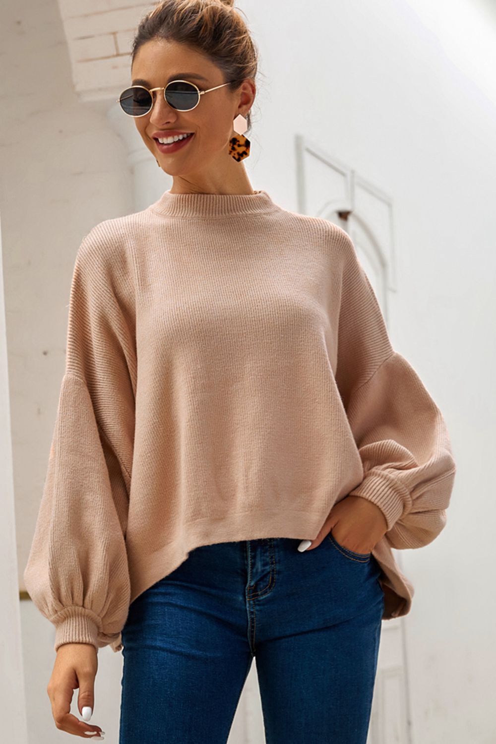 Round Neck Dropped Shoulder Lantern Sleeve Sweater - TiffanyzKlozet