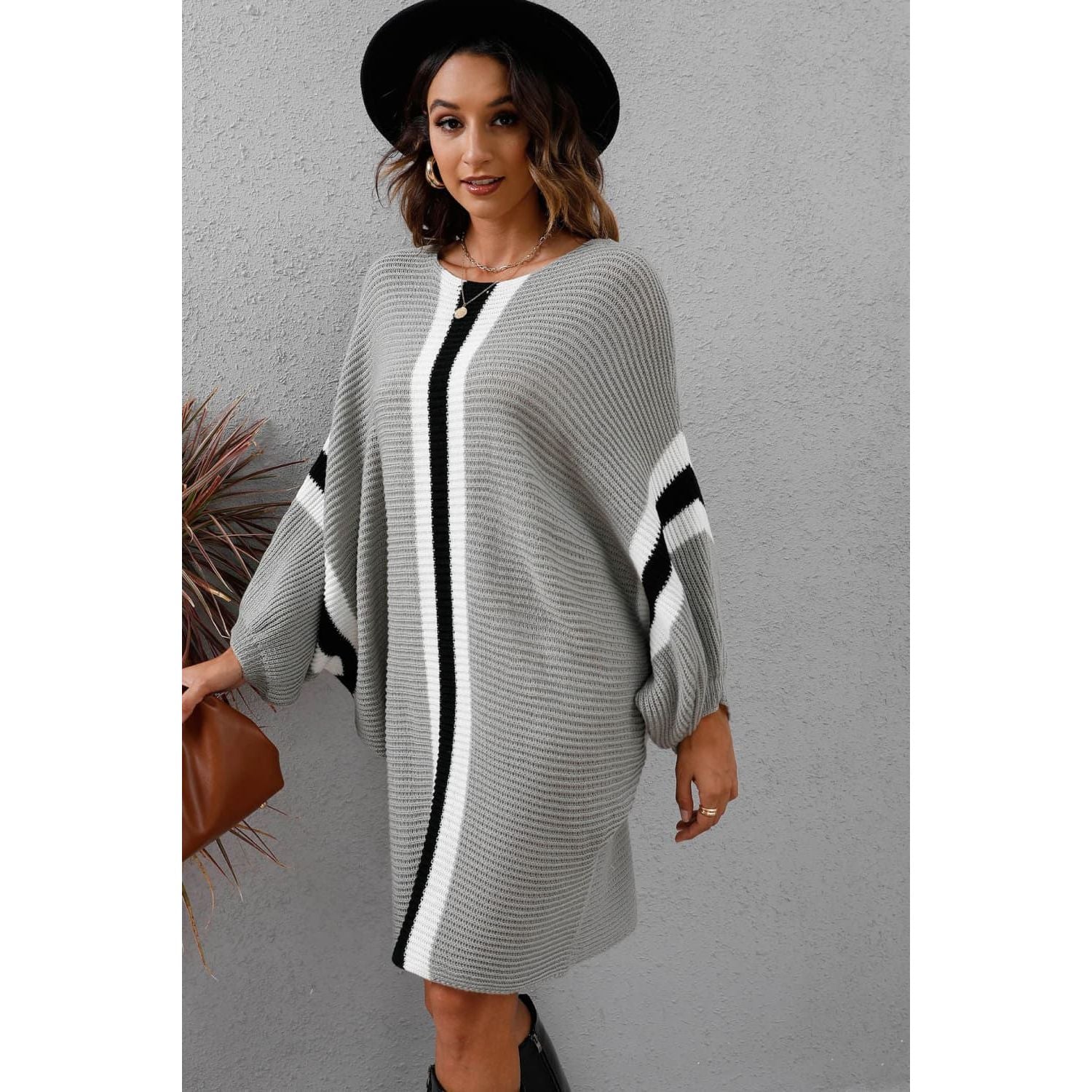 Ribbed Round Neck Long Sleeve Sweater Dress - TiffanyzKlozet