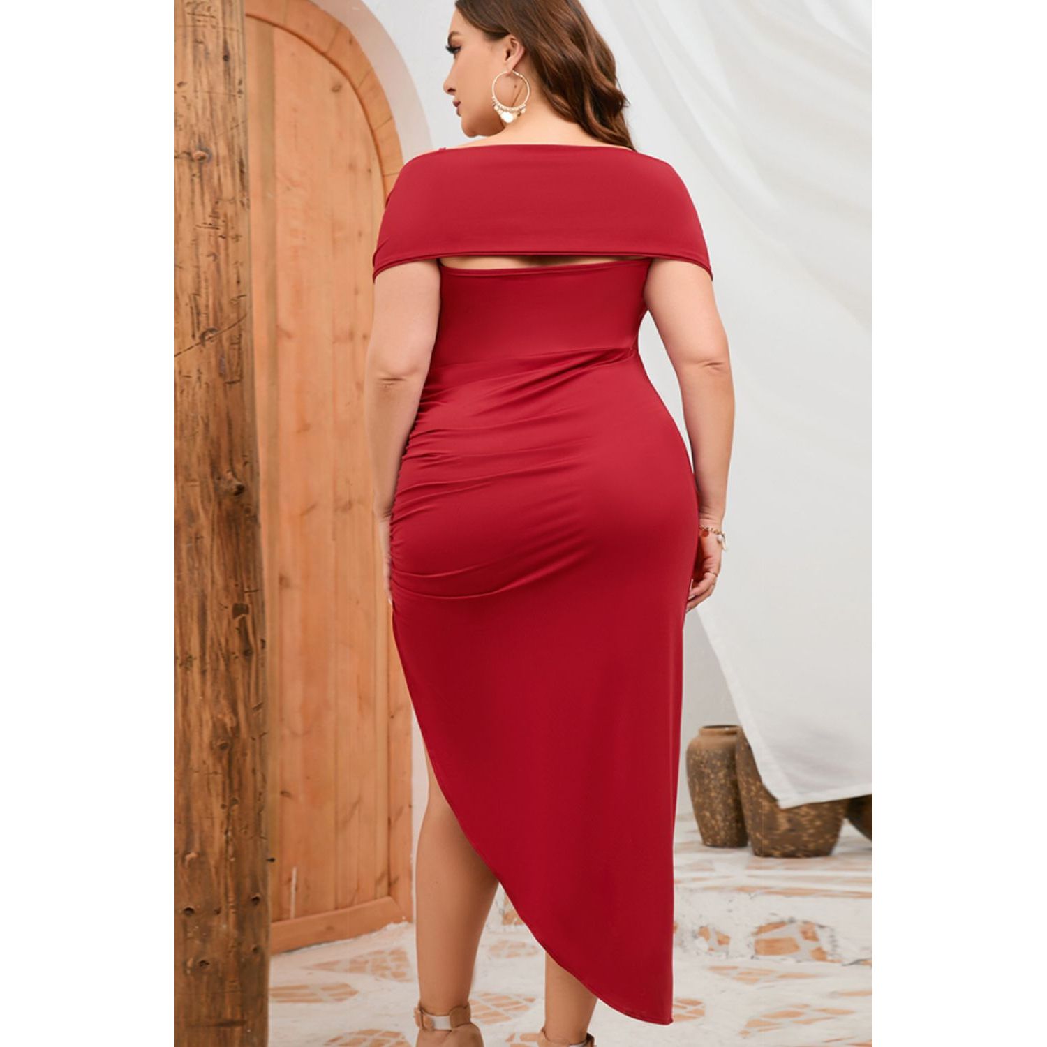Plus Size Asymmetrical Hem Ruched Dress - TiffanyzKlozet